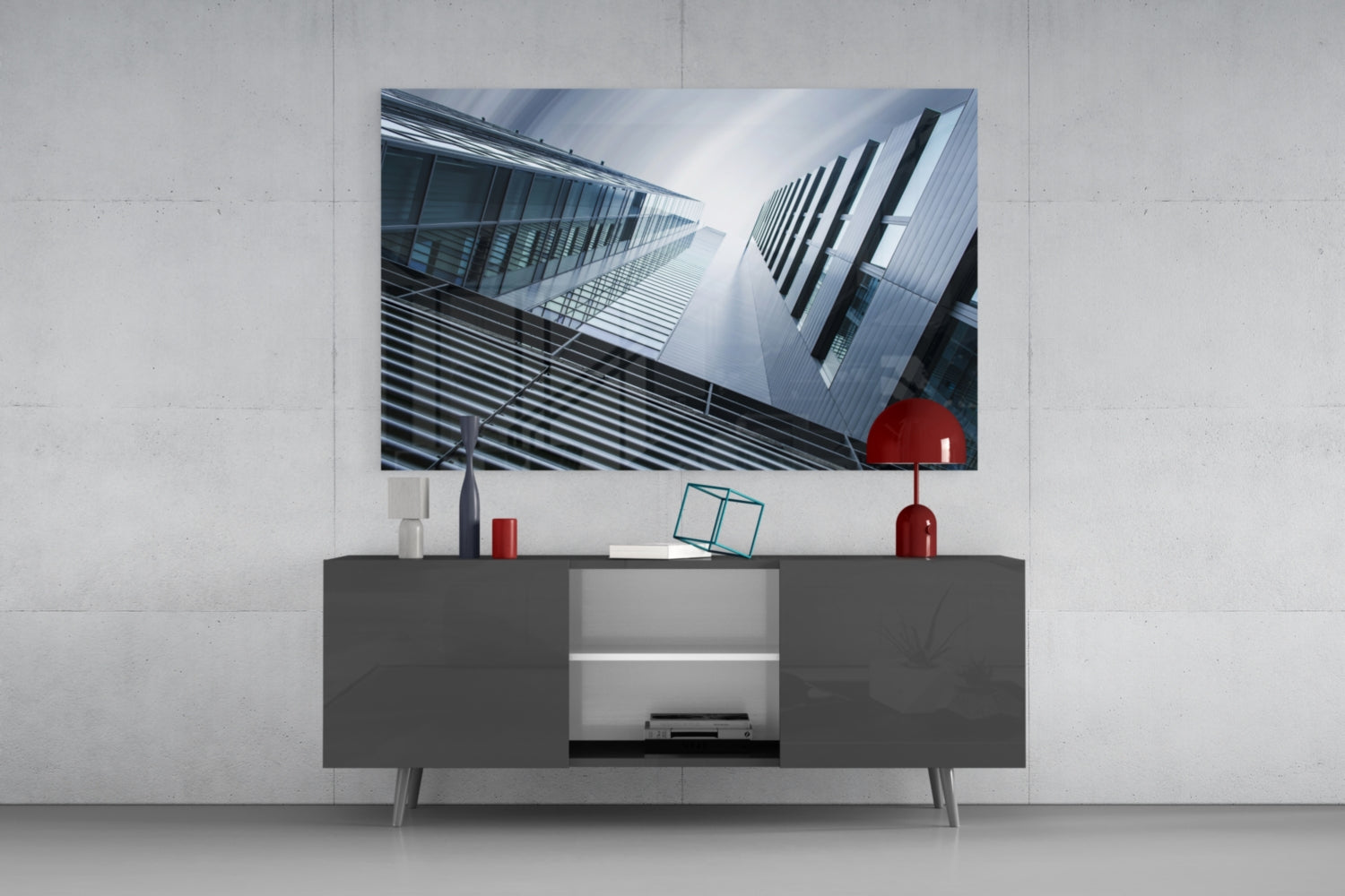 Blue Gray Skyscrapers Seen From Below Glass Wall Art
