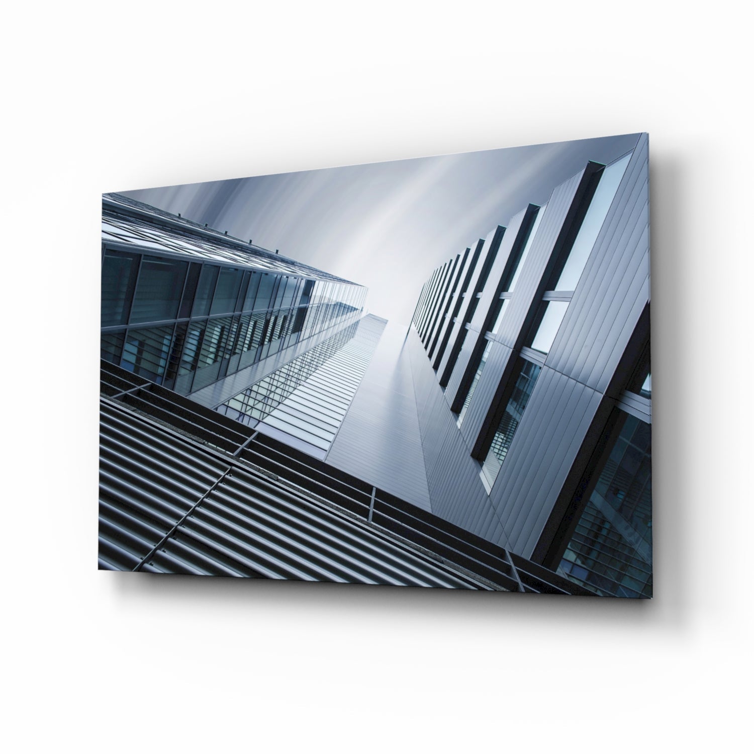 Blue Gray Skyscrapers Seen From Below Glass Wall Art