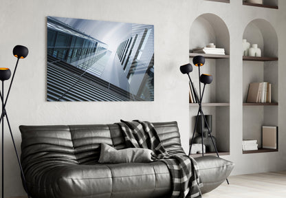 Blue Gray Skyscrapers Seen From Below Glass Wall Art
