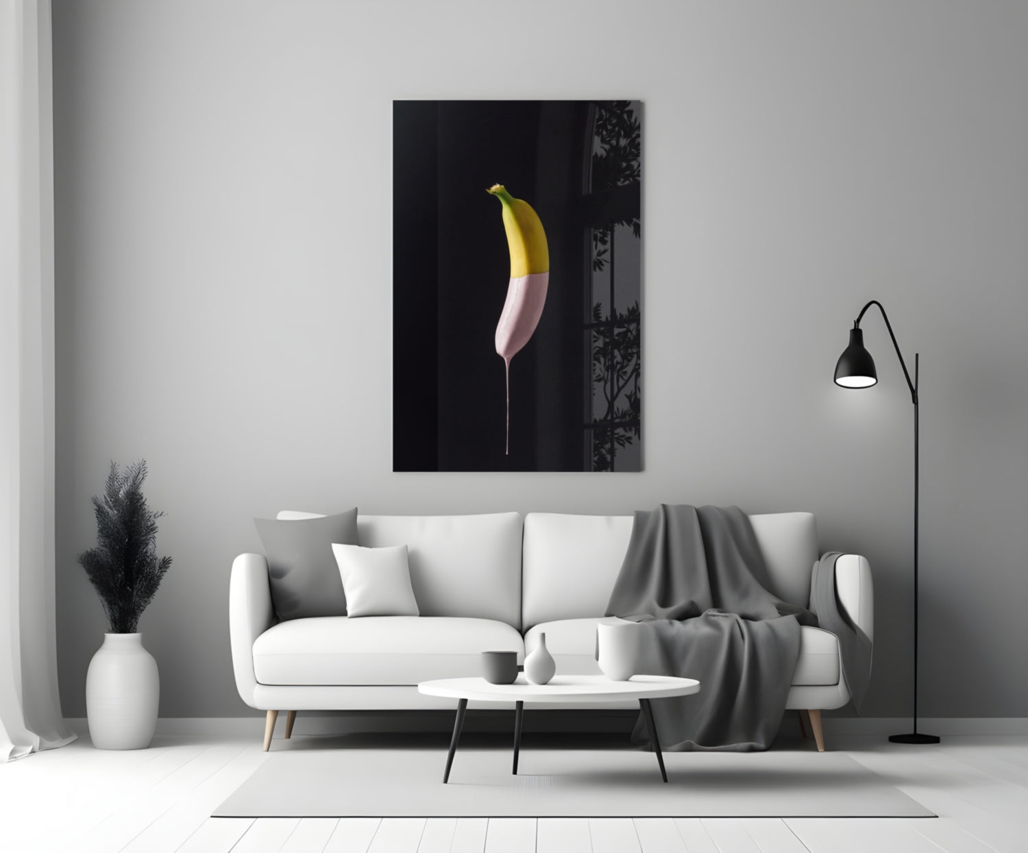 Half Dipped Pink Paint Banana Glass Wall Art