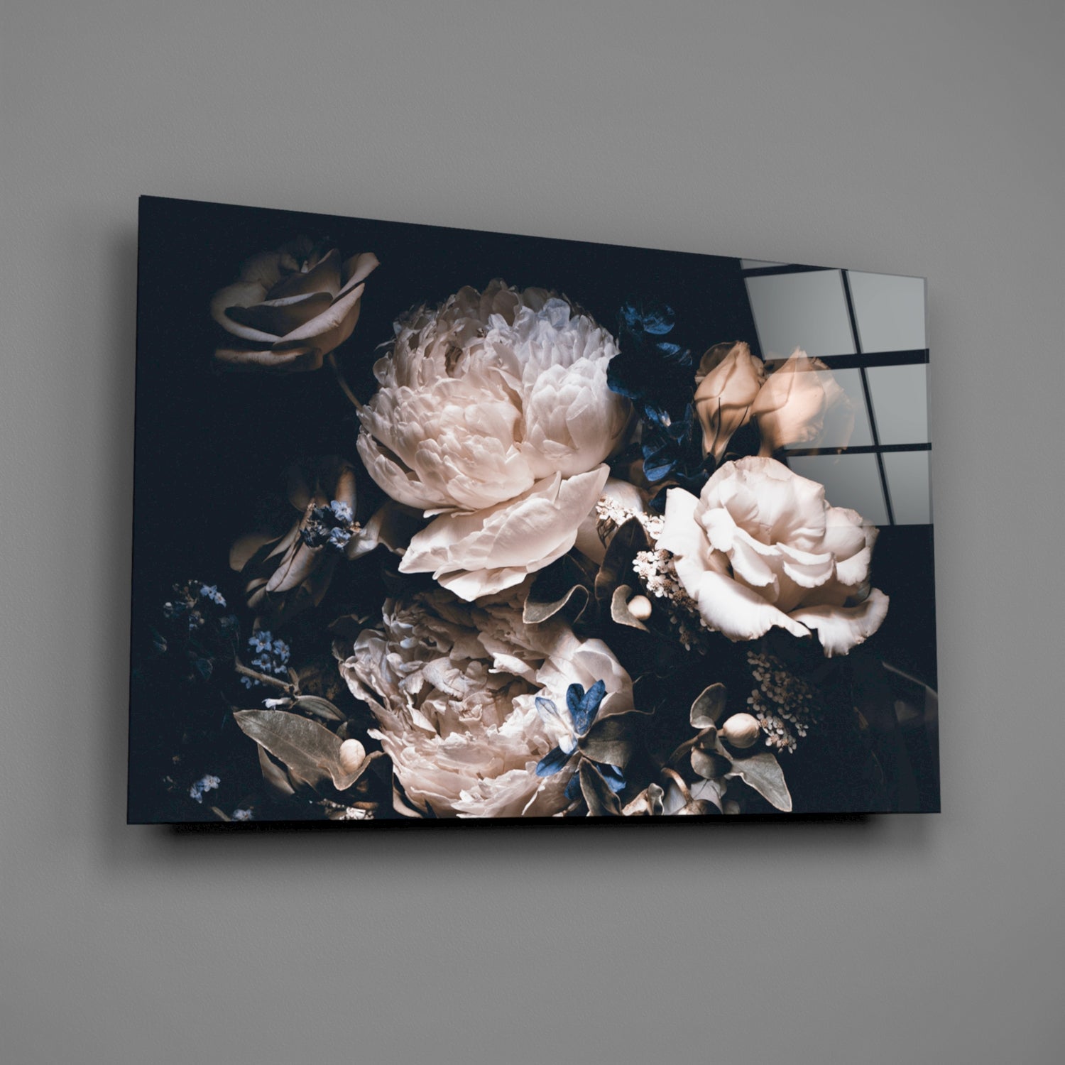 Dark Cream Peony Bouquet Glass Wall Art