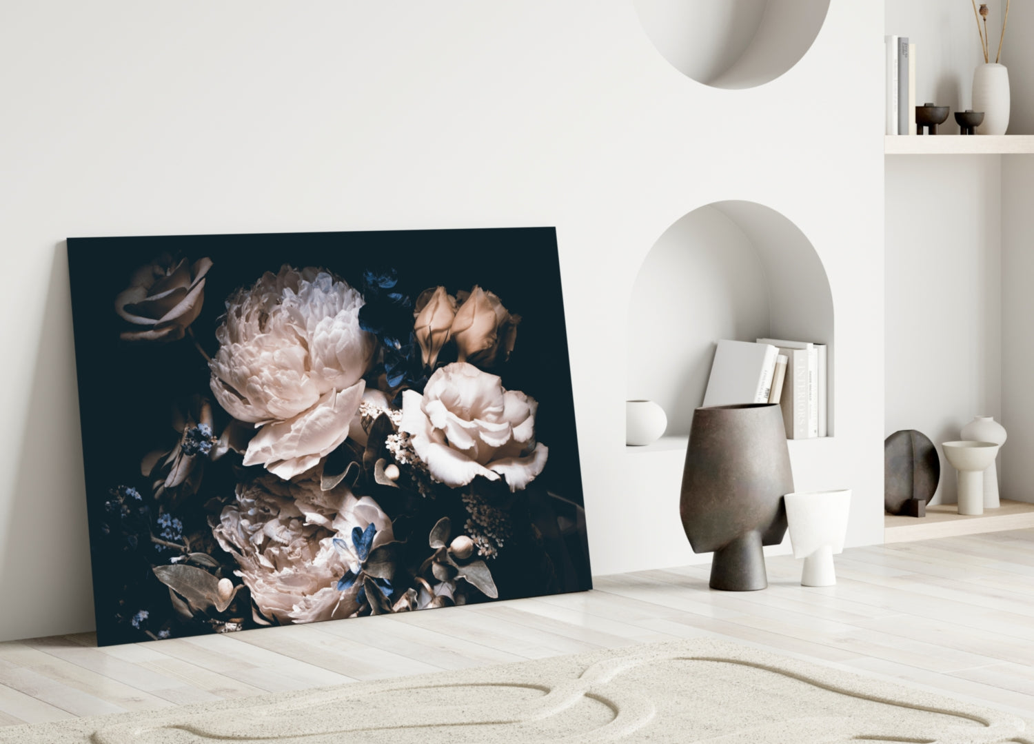 Dark Cream Peony Bouquet Glass Wall Art