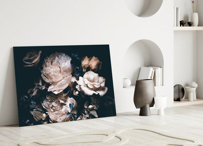Dark Cream Peony Bouquet Glass Wall Art