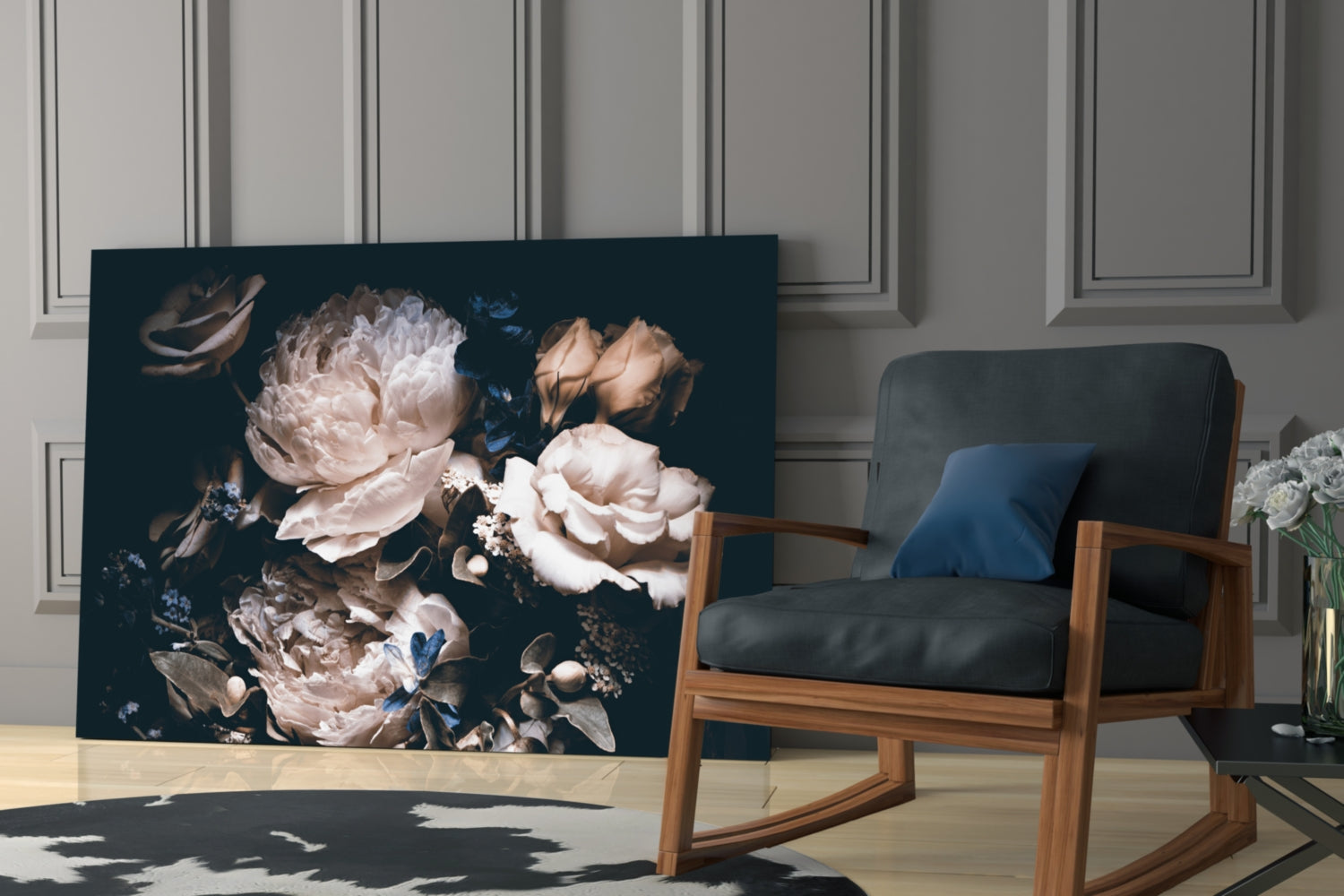 Dark Cream Peony Bouquet Glass Wall Art