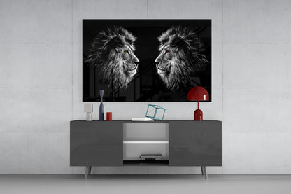 Facing Lions Colored Eyes Glass Wall Art