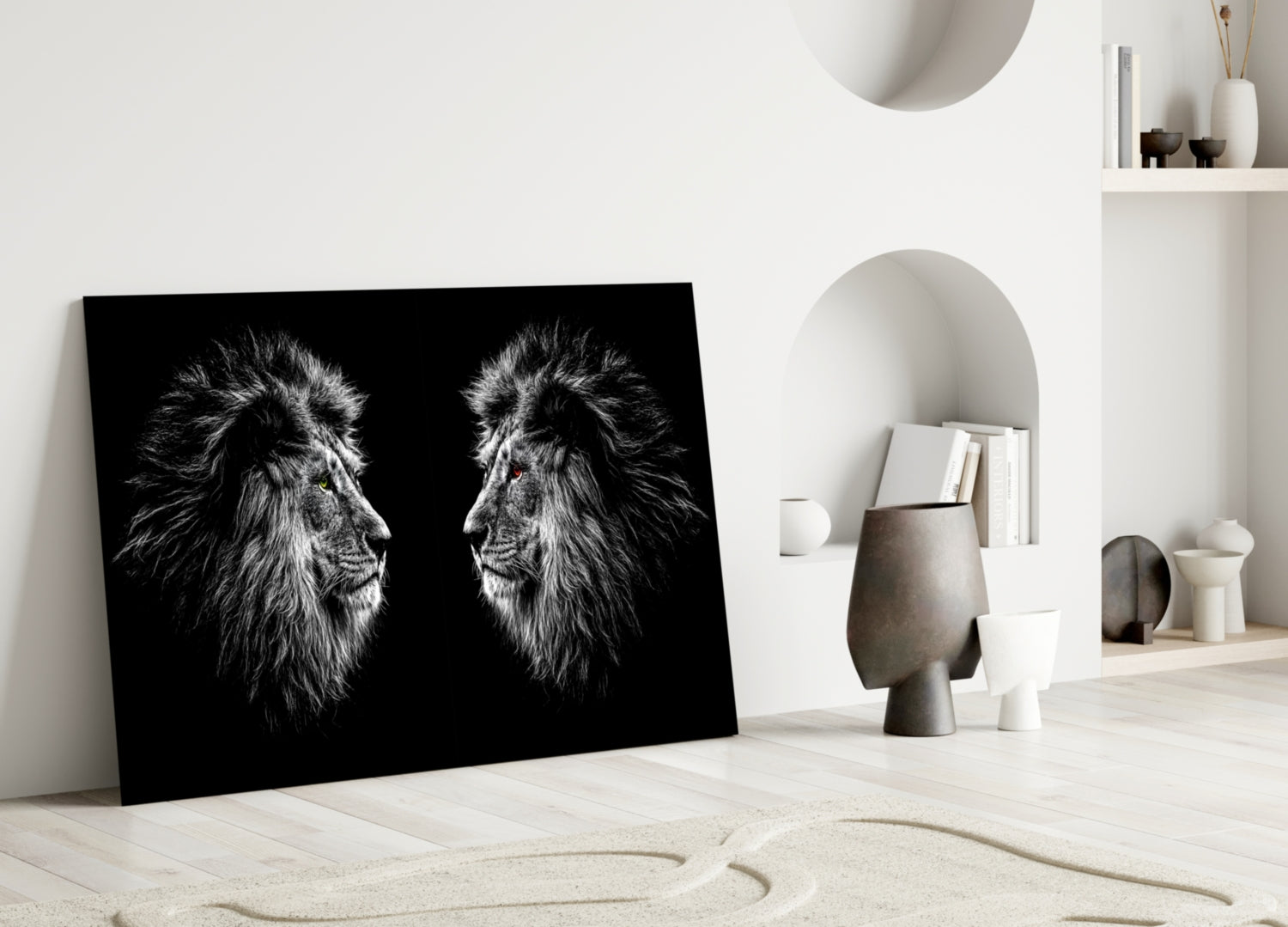 Facing Lions Colored Eyes Glass Wall Art