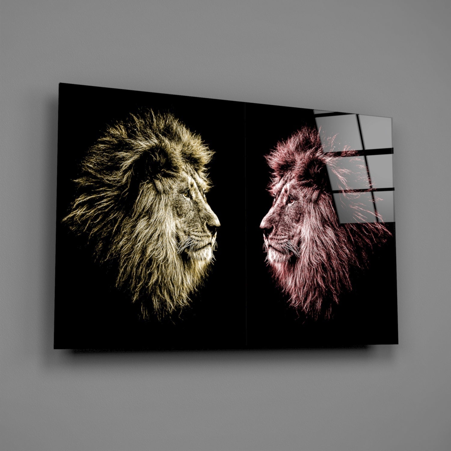 Gold Pink Facing Lions Glass Wall Art