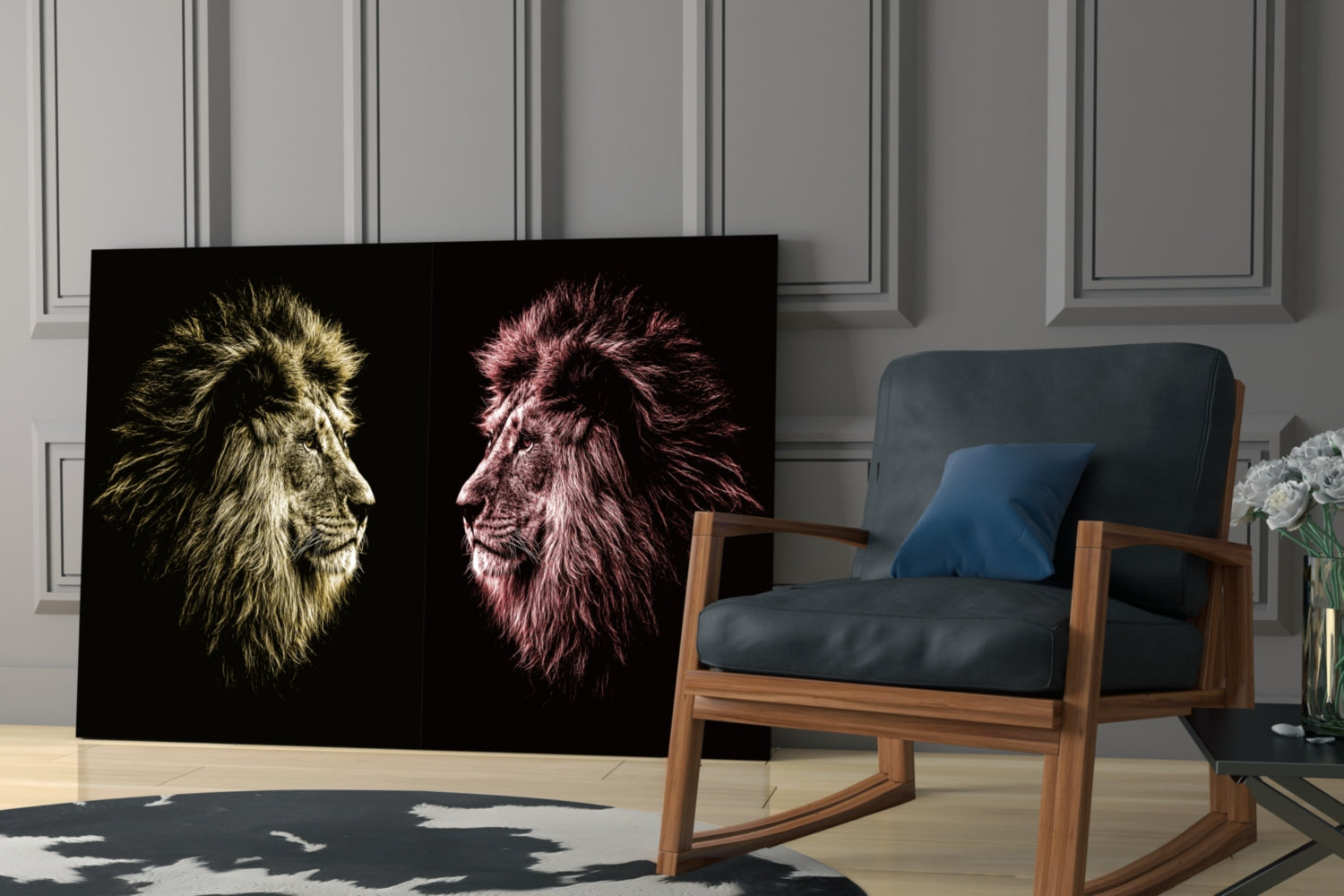 Gold Pink Facing Lions Glass Wall Art