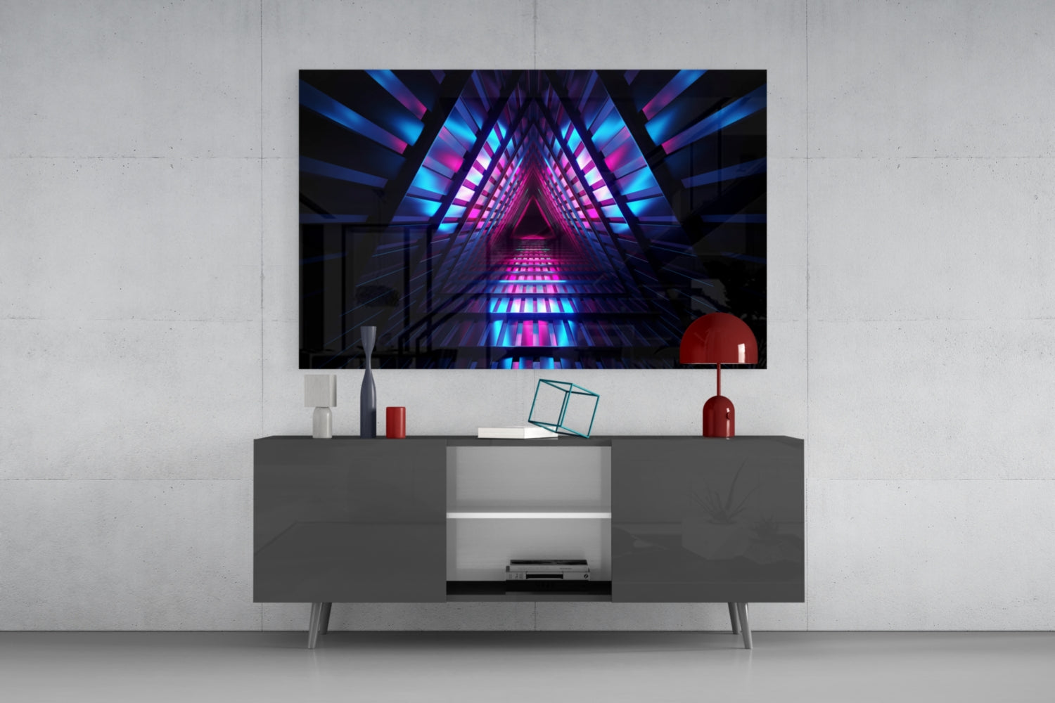 Pink Blue Triangle Neon Tunnel Glass Wall Art