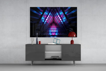 Pink Blue Triangle Neon Tunnel Glass Wall Art