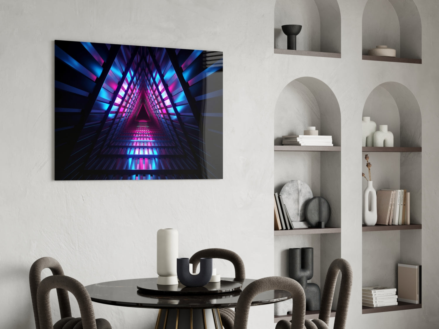 Pink Blue Triangle Neon Tunnel Glass Wall Art