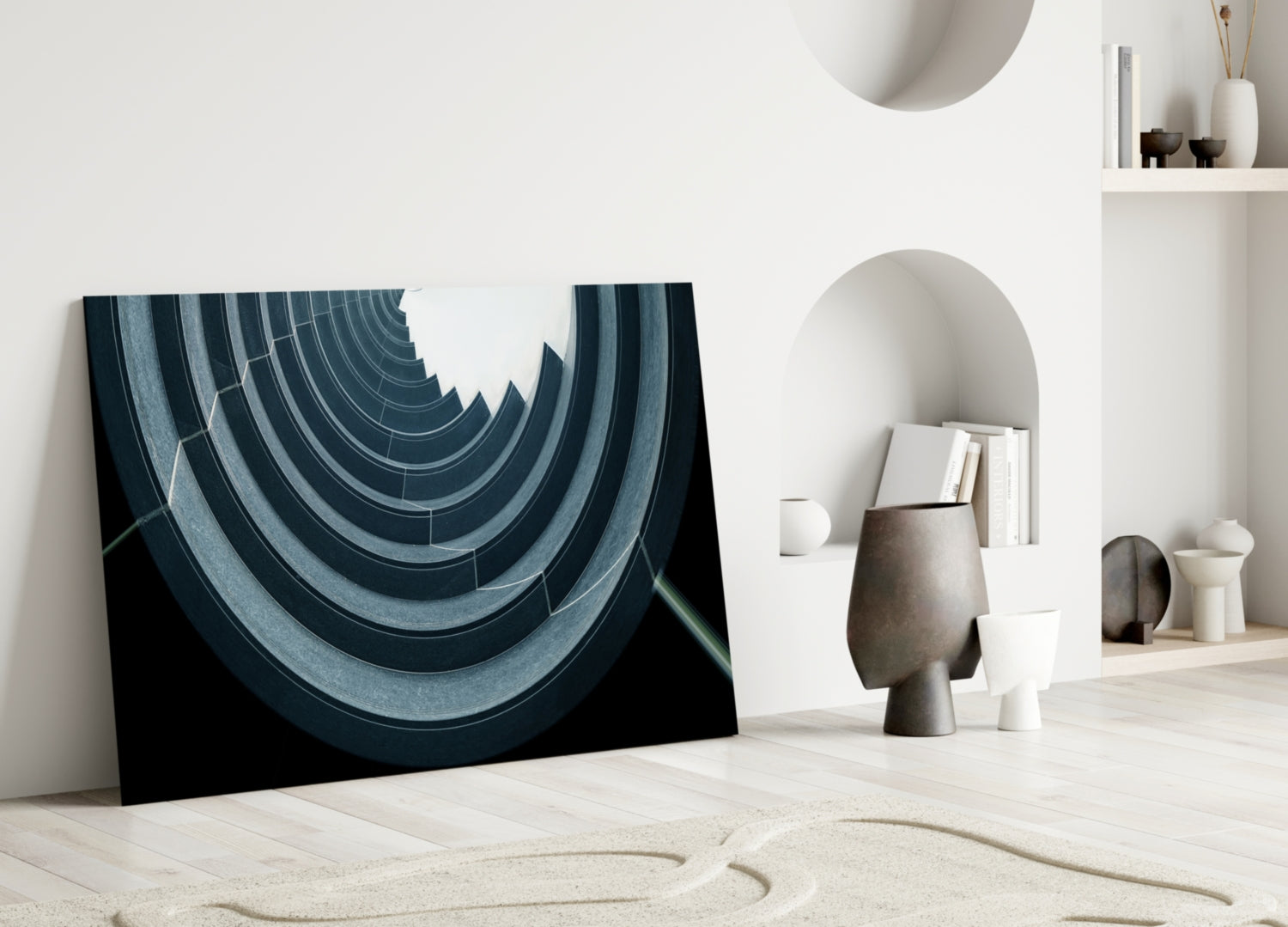 Curved Concrete Arcs Spiral Ceiling Glass Wall Art