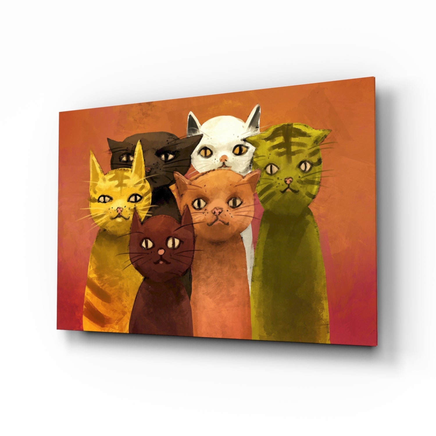 Six Retro Painted Cats On Orange Glass Wall Art