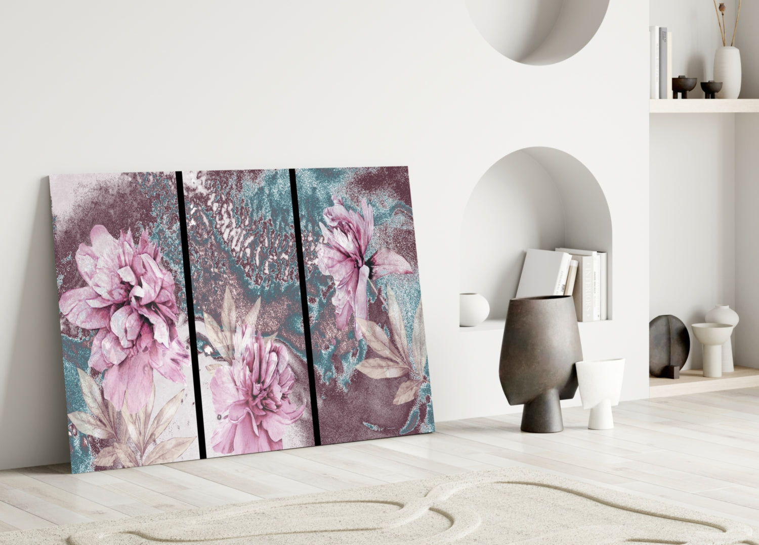 Pink Peony Teal Marble Glass Wall Art