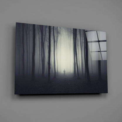 Lone Figure in Dark Misty Woods Glass Wall Art