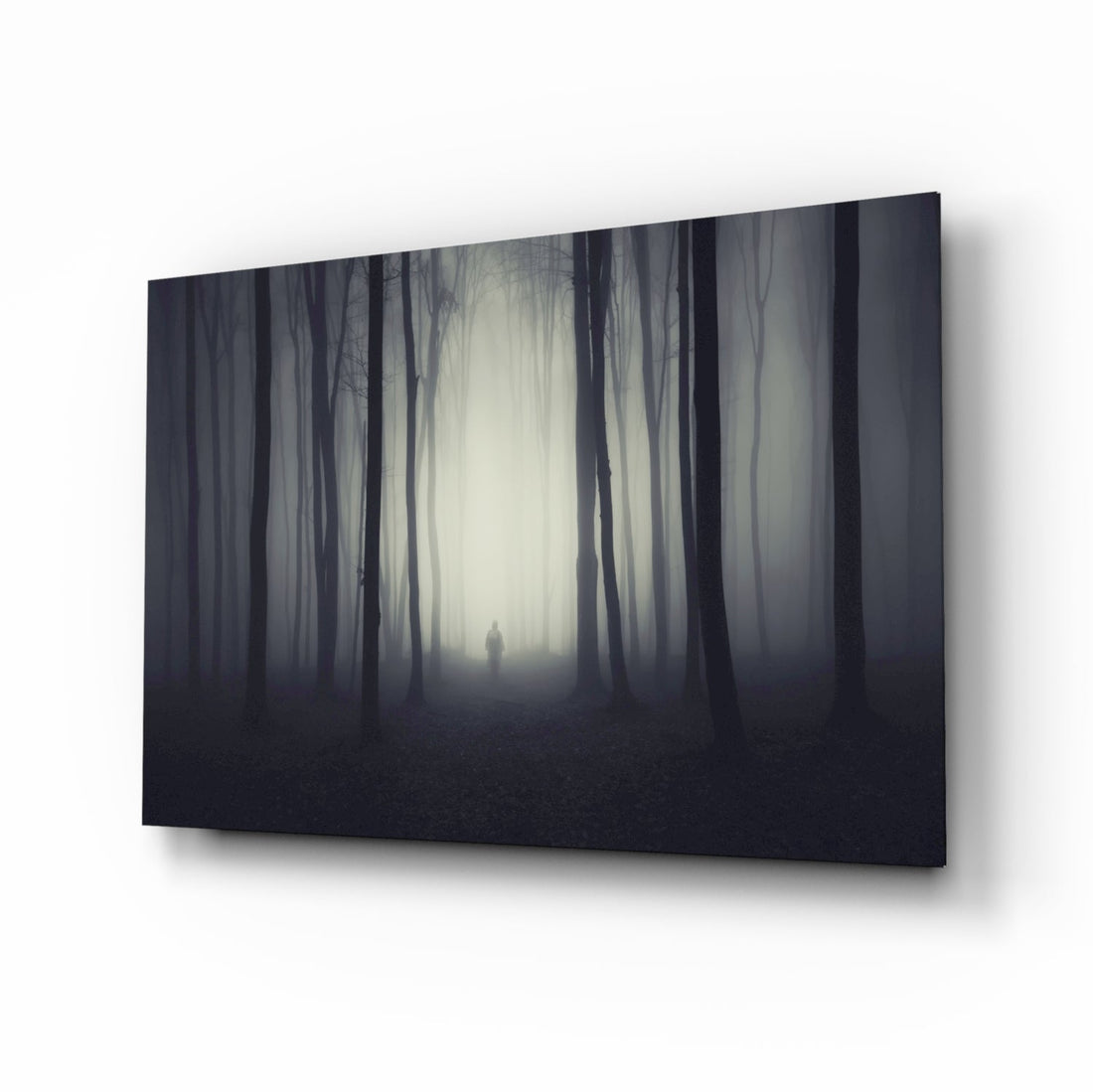 Lone Figure in Dark Misty Woods Glass Wall Art