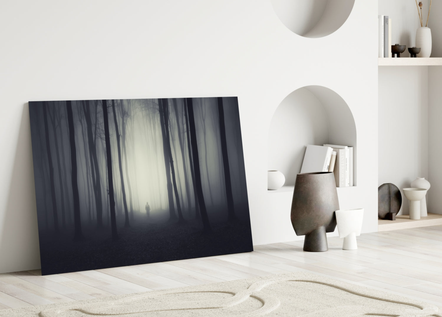 Lone Figure in Dark Misty Woods Glass Wall Art