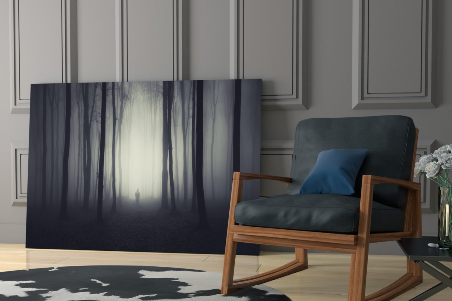 Lone Figure in Dark Misty Woods Glass Wall Art