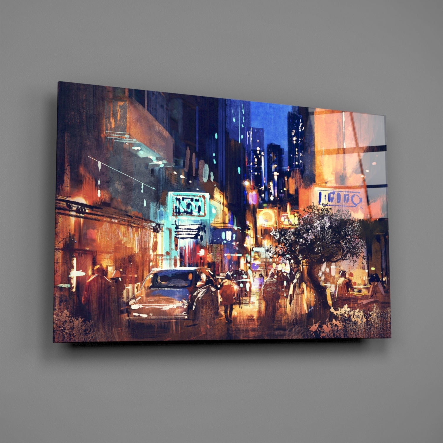 Painted Neon Night Street Scene Glass Wall Art