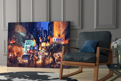 Painted Neon Night Street Scene Glass Wall Art
