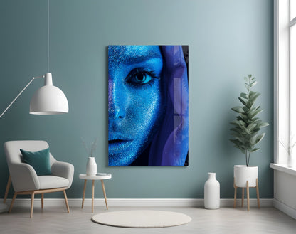 Blue Glitter Veil Woman Glass Wall Art