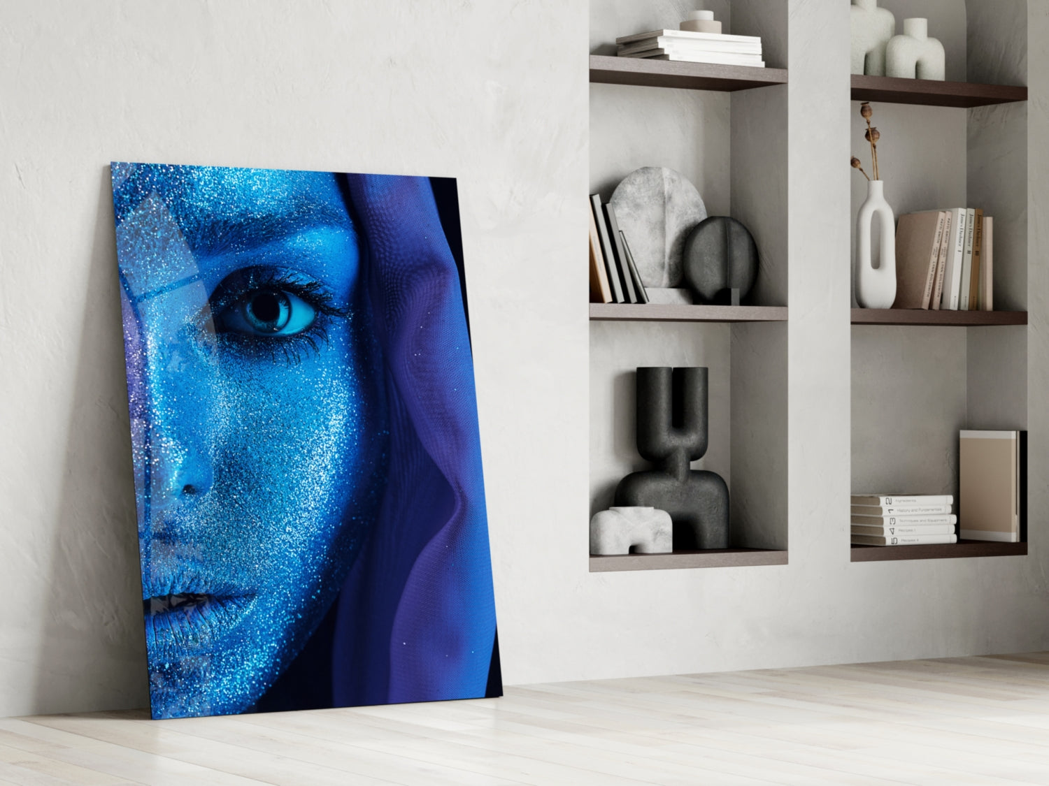 Blue Glitter Veil Woman Glass Wall Art