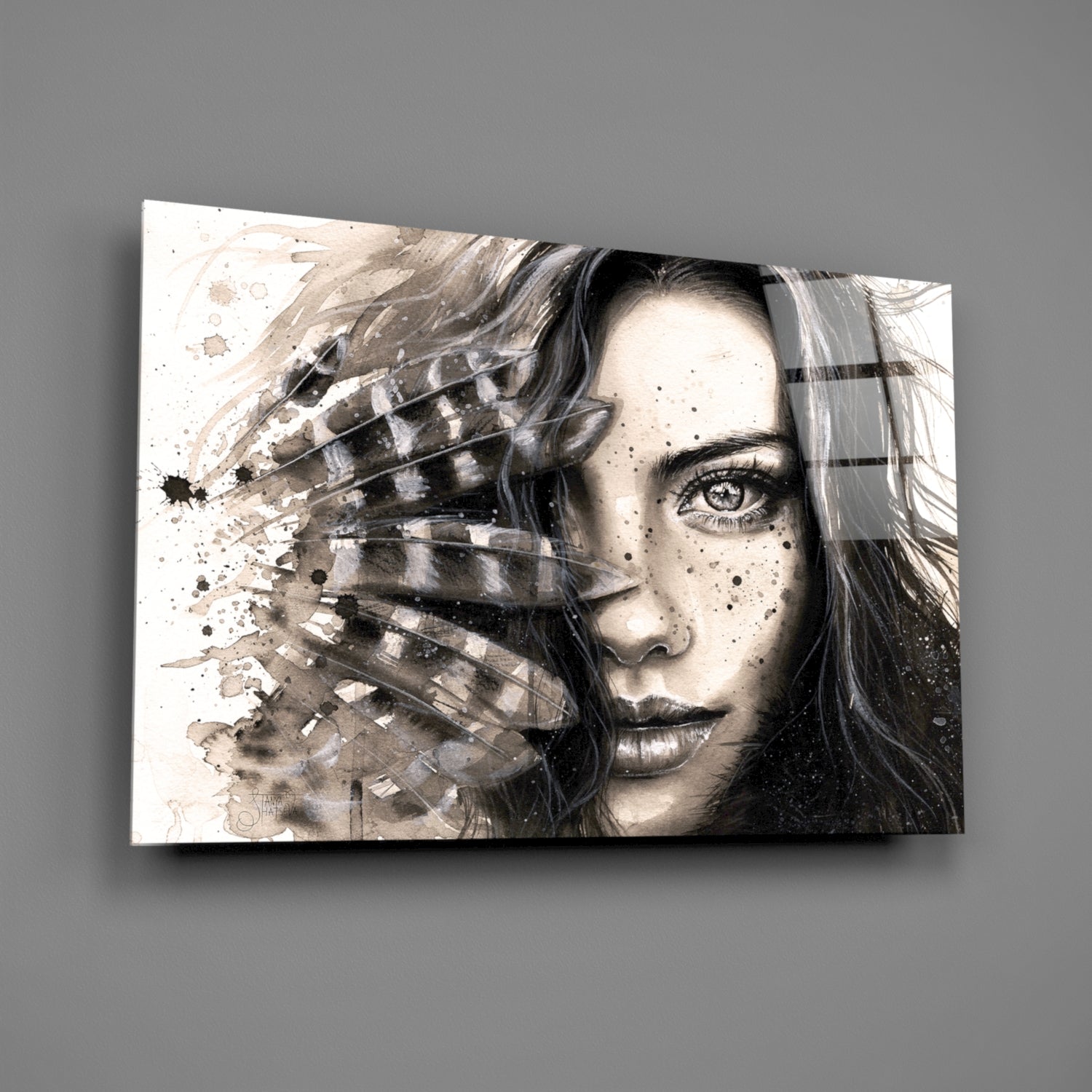 Feather Ink Sketch Woman Glass Wall Art