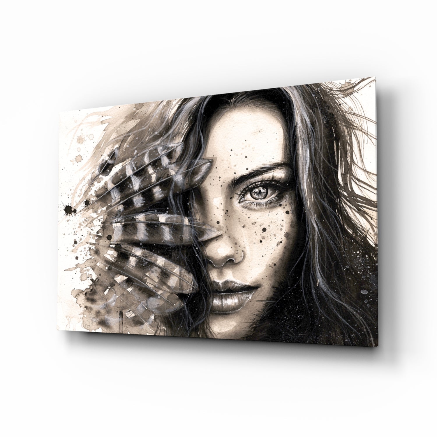Feather Ink Sketch Woman Glass Wall Art