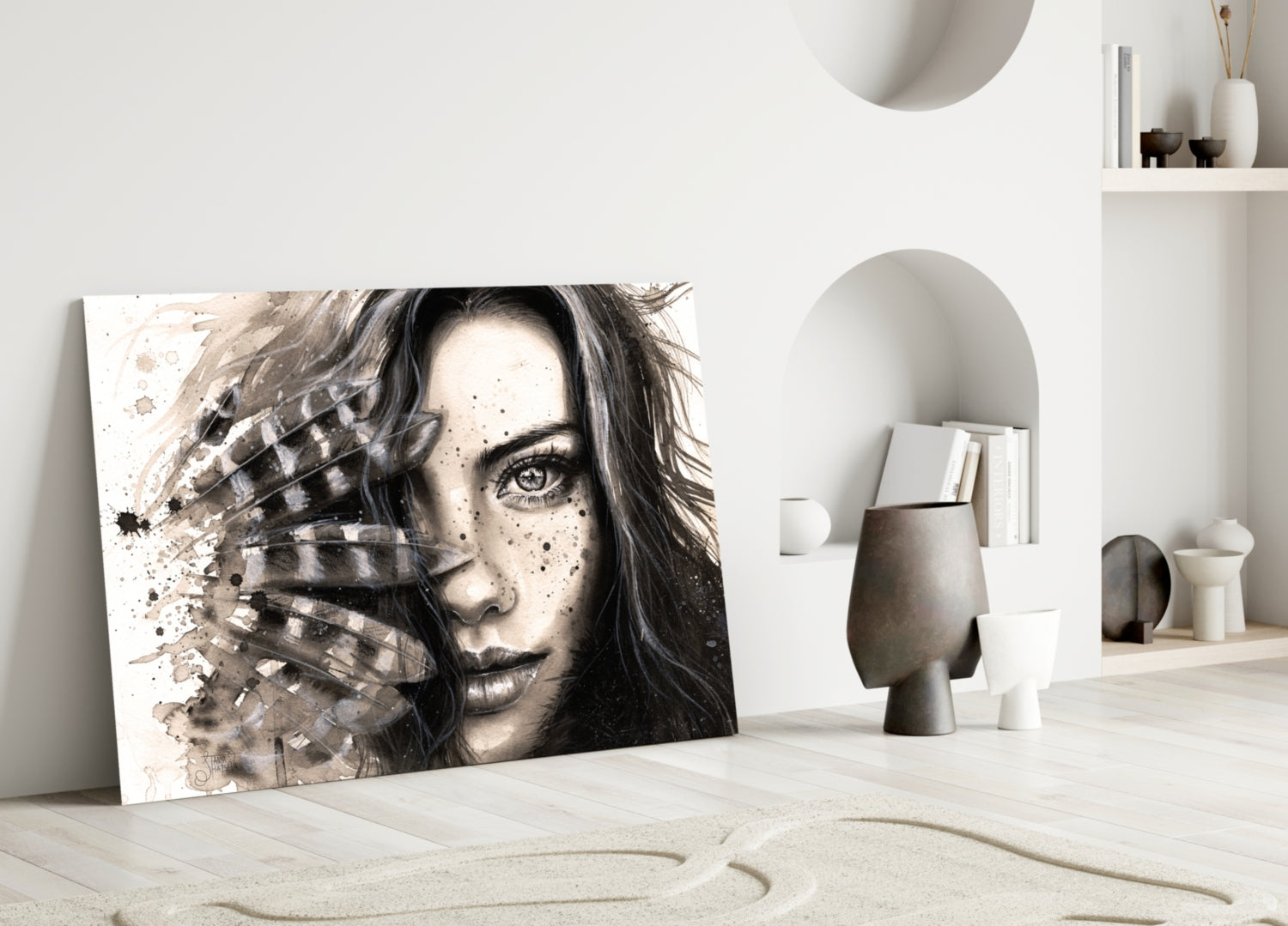 Feather Ink Sketch Woman Glass Wall Art