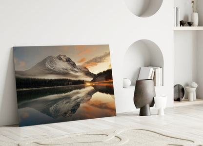 Misty Snow Peak Mirror Lake Glass Wall Art
