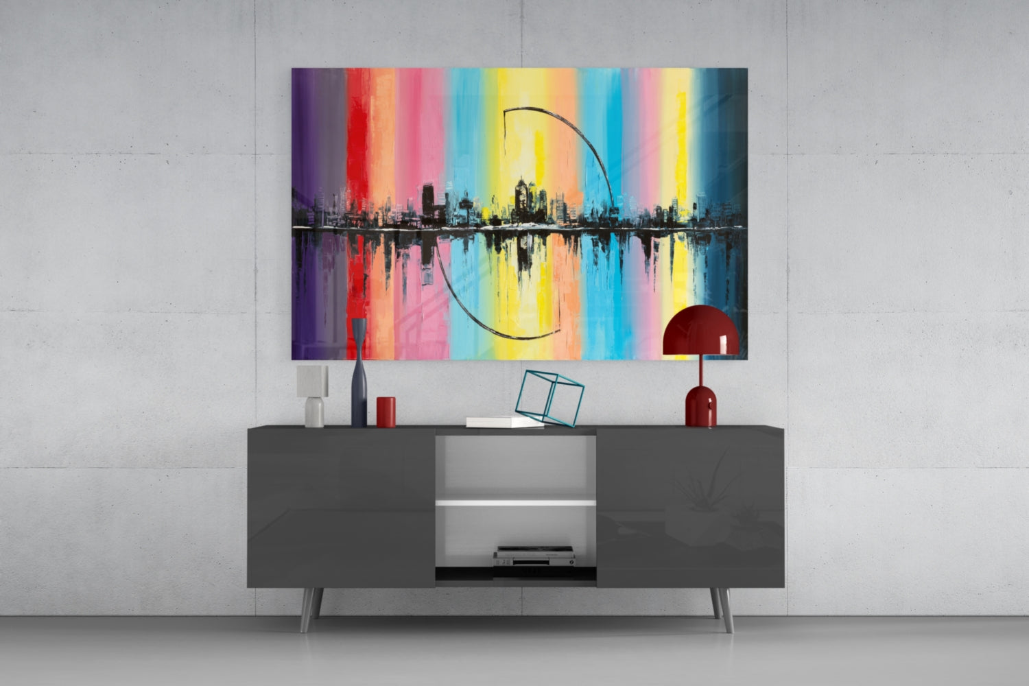 Rainbow Stripes City Reflection Glass Wall Art