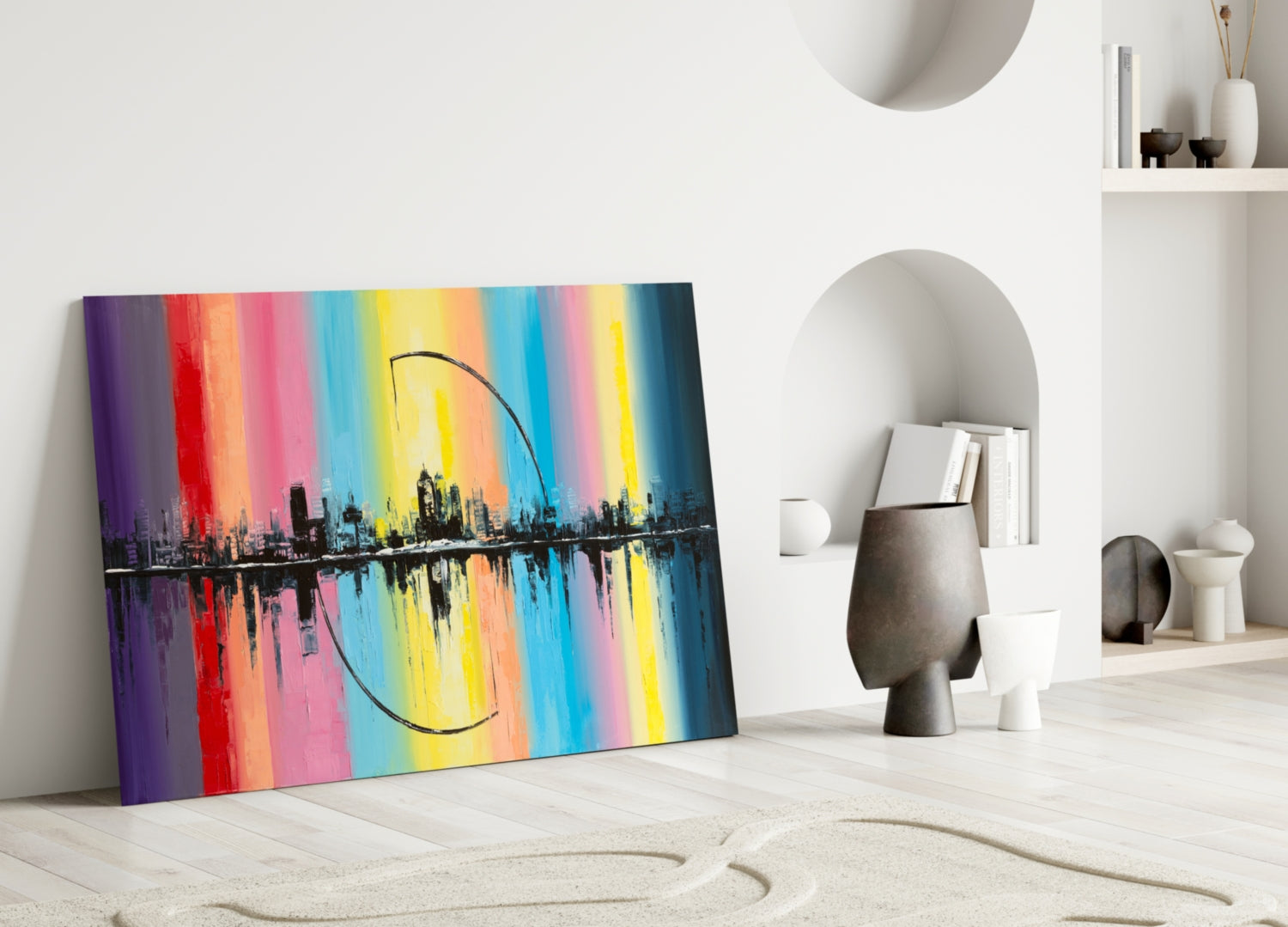 Rainbow Stripes City Reflection Glass Wall Art