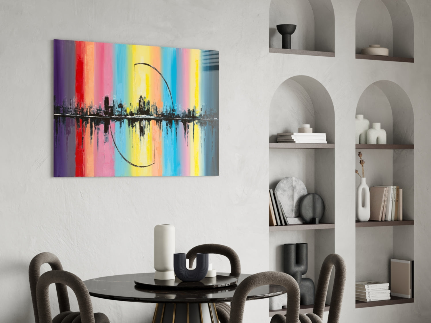 Rainbow Stripes City Reflection Glass Wall Art