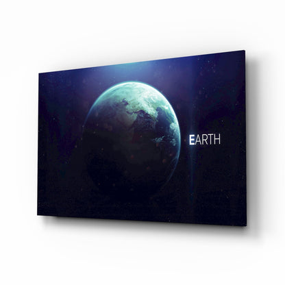 Glowing Earth Planet Text Glass Wall Art