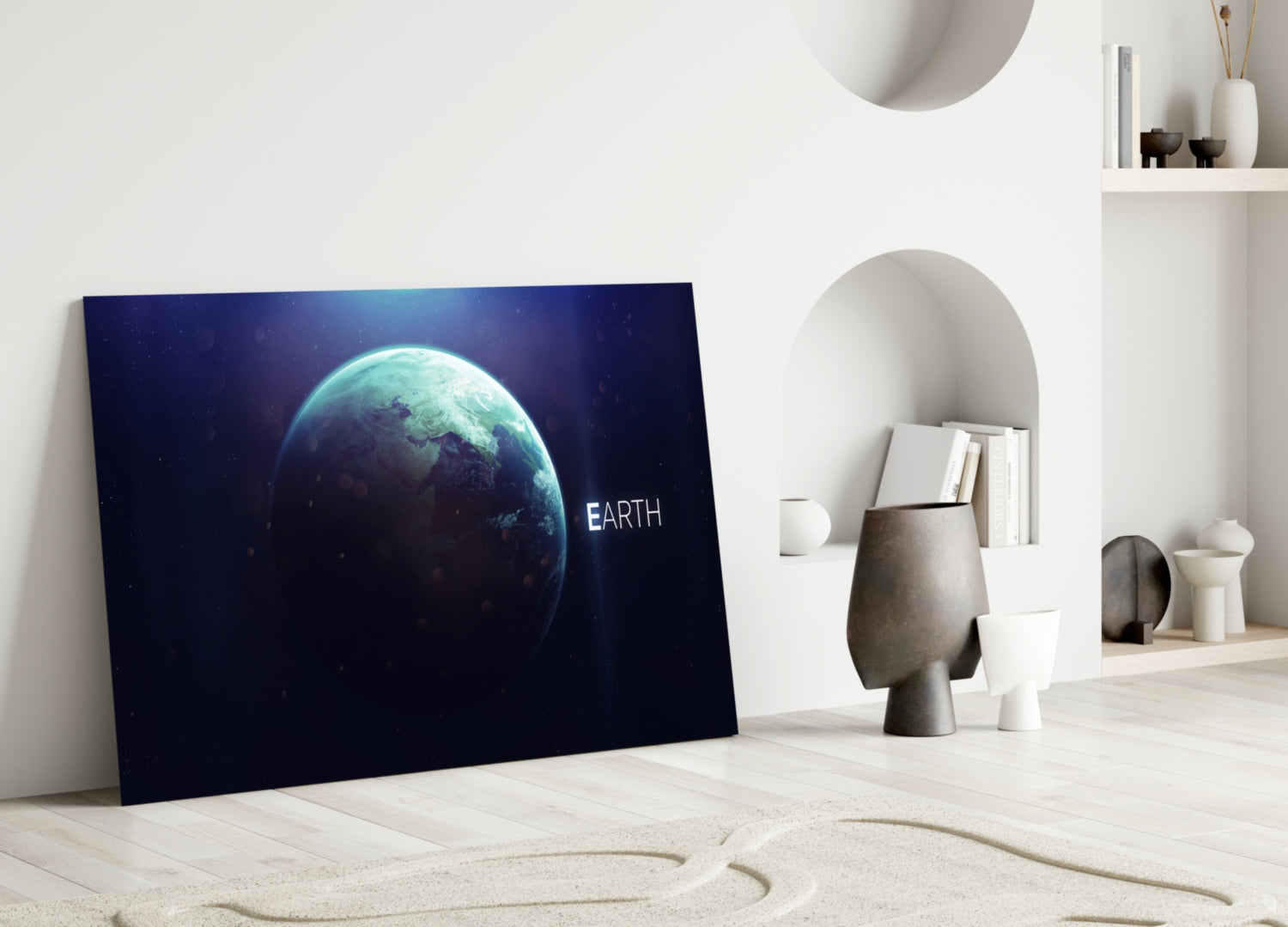 Glowing Earth Planet Text Glass Wall Art