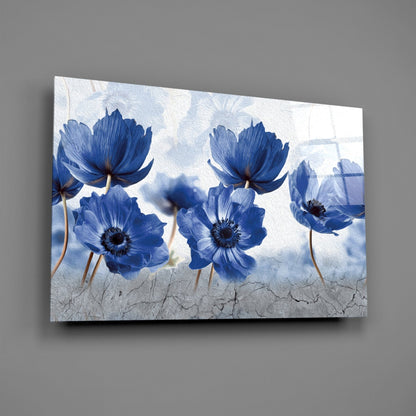 Blue Anemone Flowers Painted Glass Wall Art