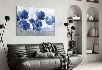 Blue Anemone Flowers Painted Glass Wall Art
