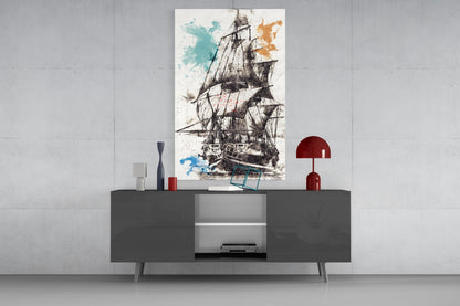 Ship Illustration Glass Wall Art