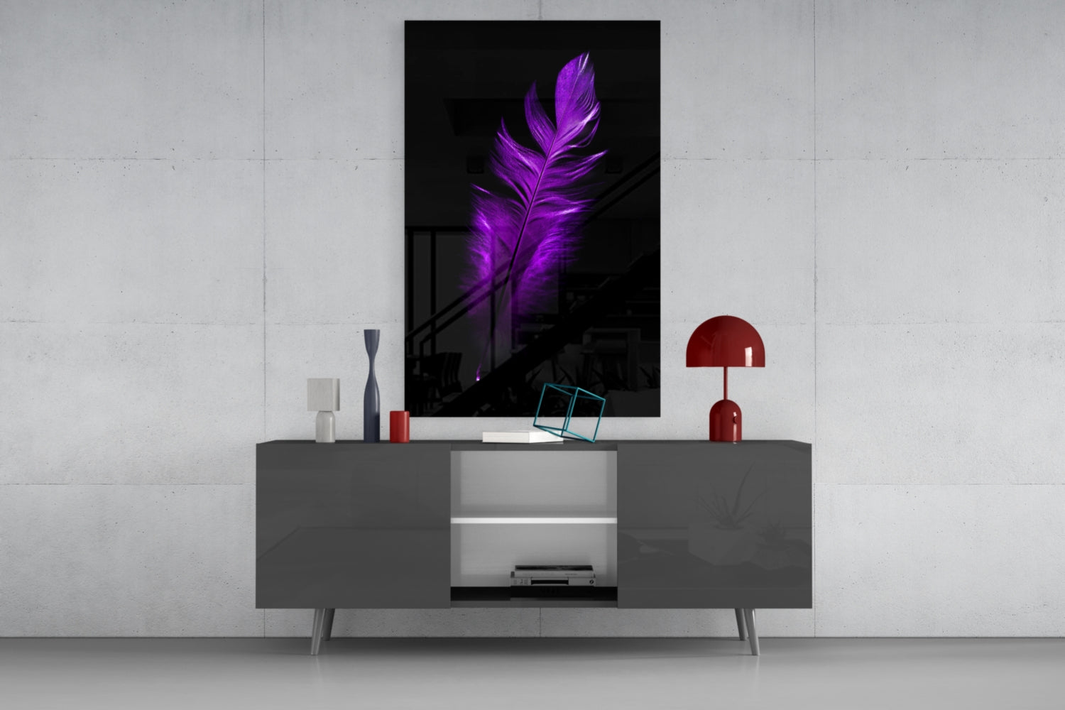 Vivid Purple Feather On Black Glass Wall Art