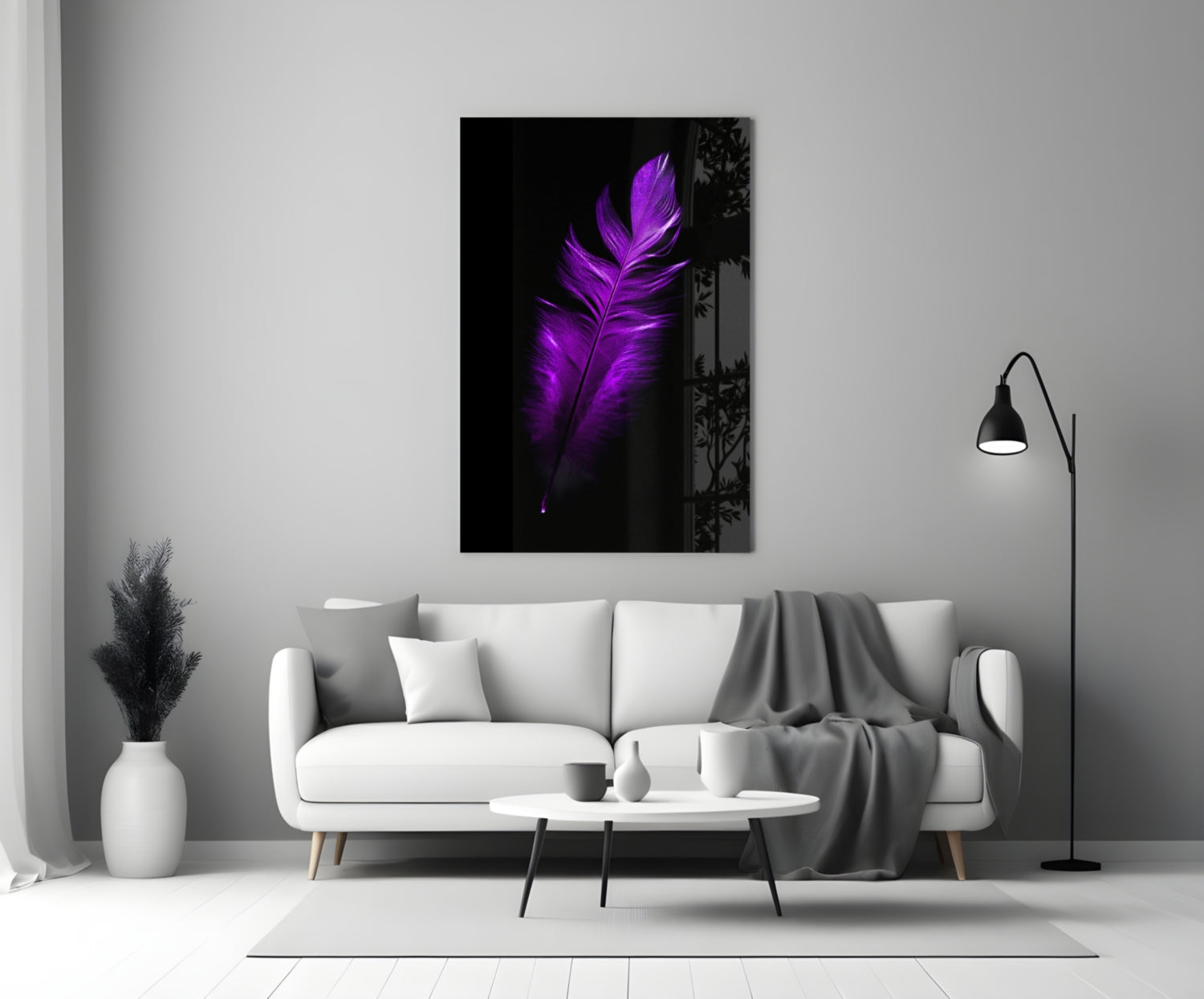 Vivid Purple Feather On Black Glass Wall Art