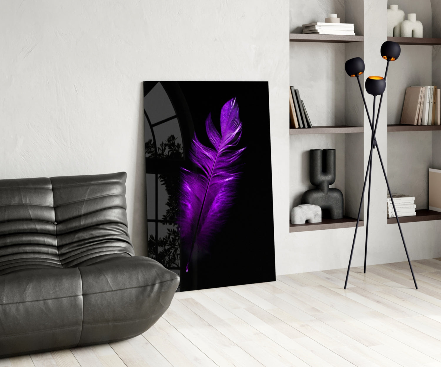 Vivid Purple Feather On Black Glass Wall Art
