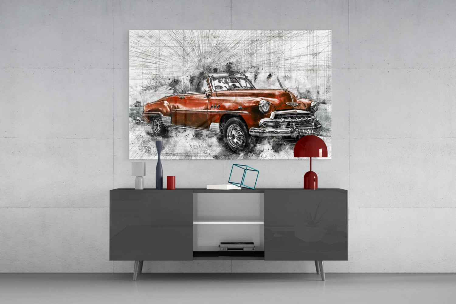 Sketched Red Vintage Convertible Car Glass Wall Art