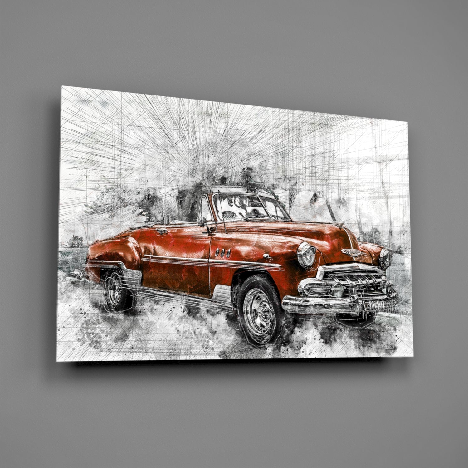 Sketched Red Vintage Convertible Car Glass Wall Art