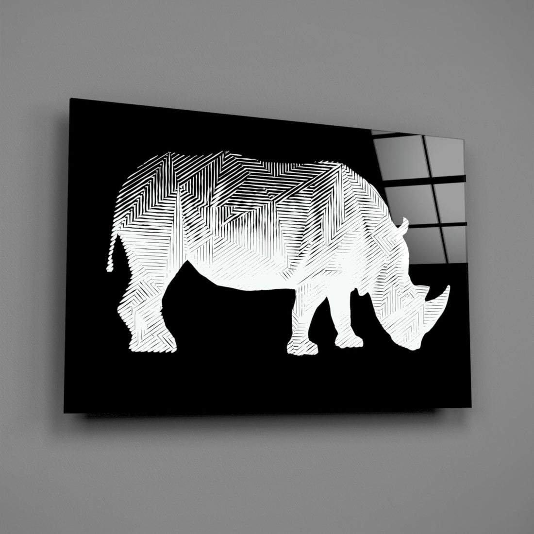 White Line Rhino on Black Glass Wall Art