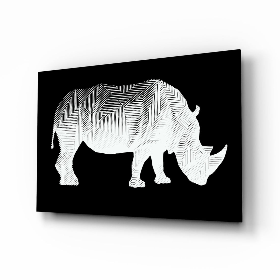 White Line Rhino on Black Glass Wall Art
