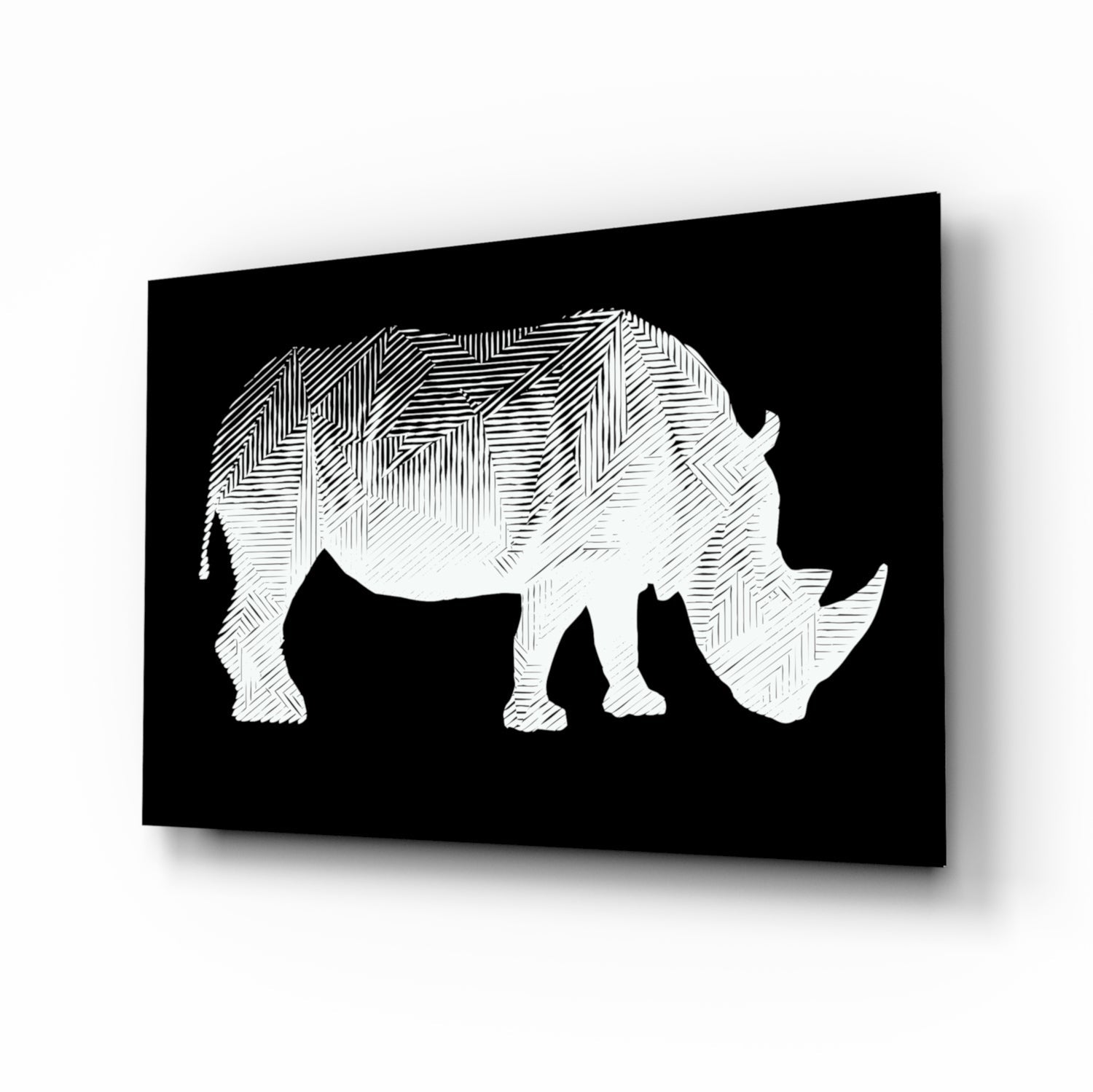White Line Rhino on Black Glass Wall Art