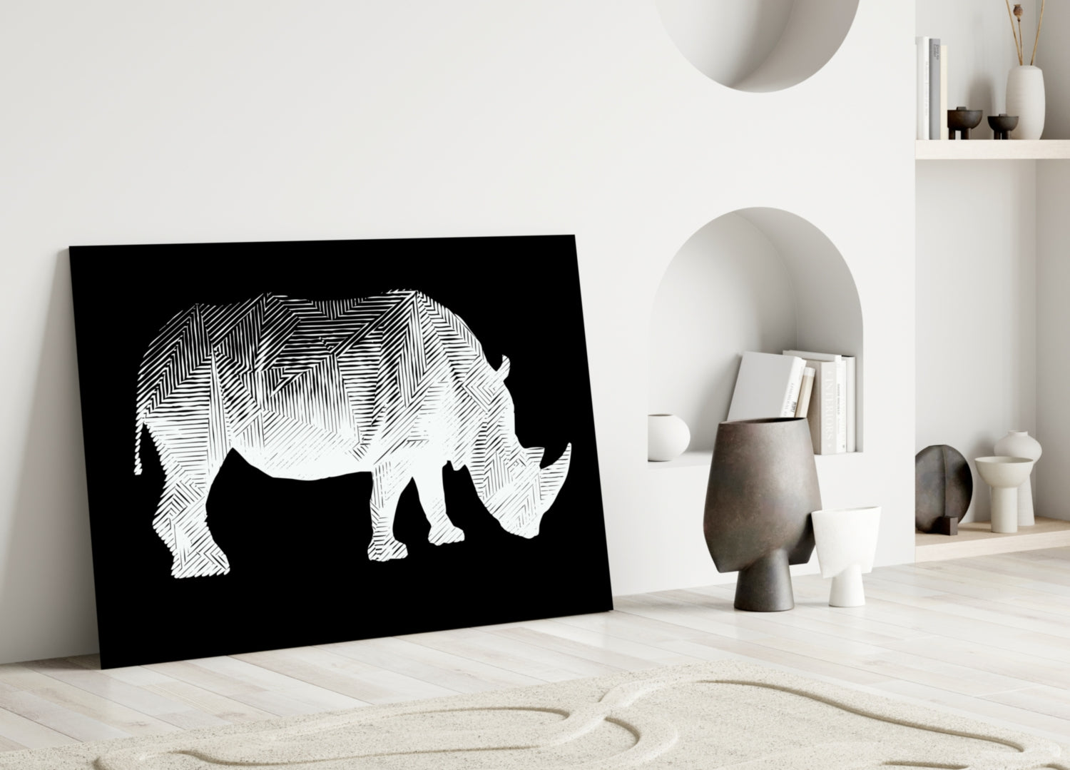 White Line Rhino on Black Glass Wall Art