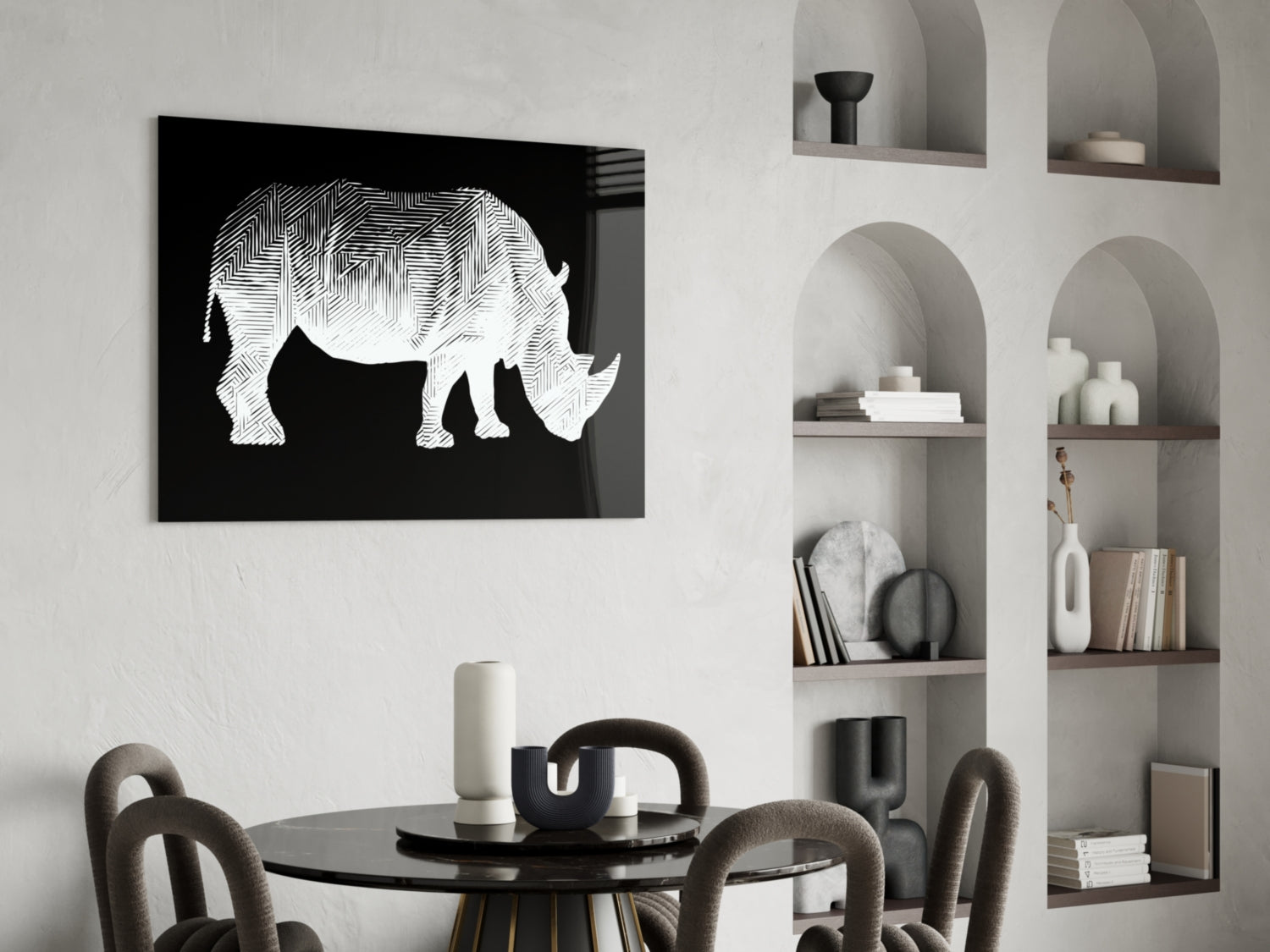White Line Rhino on Black Glass Wall Art