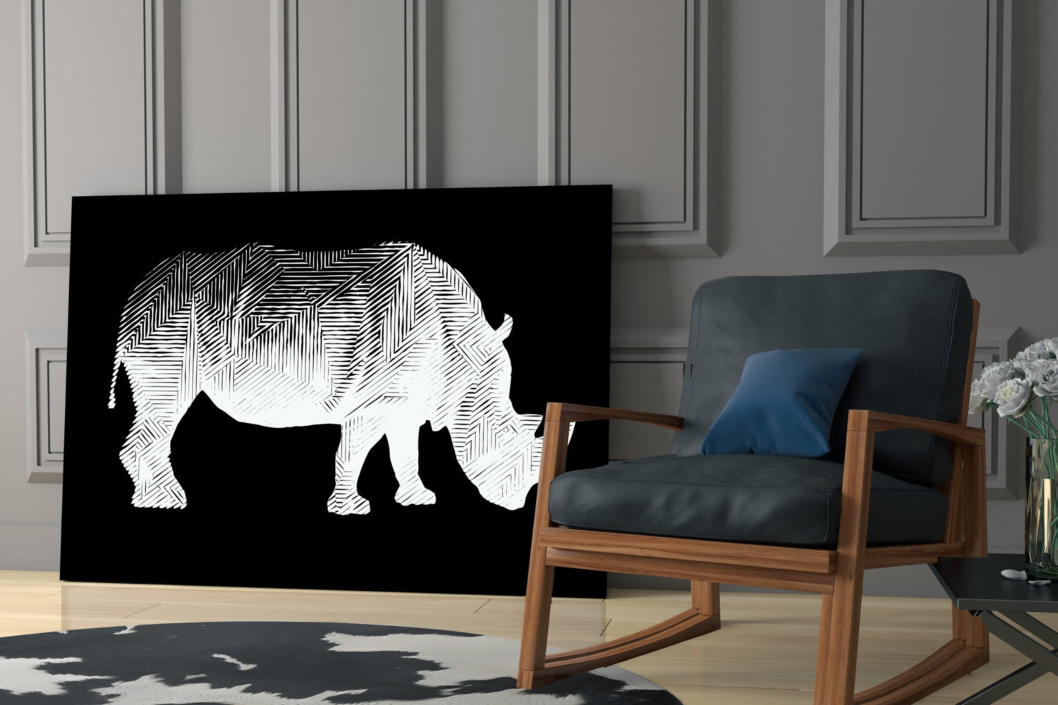 White Line Rhino on Black Glass Wall Art