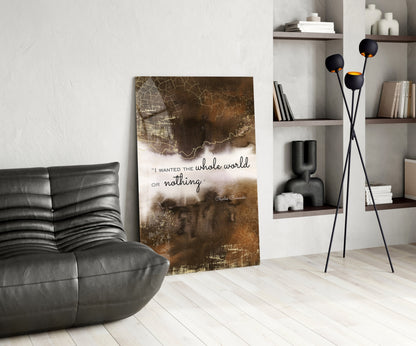 Bronze Cracked Ink Whole World Quote Glass Wall Art